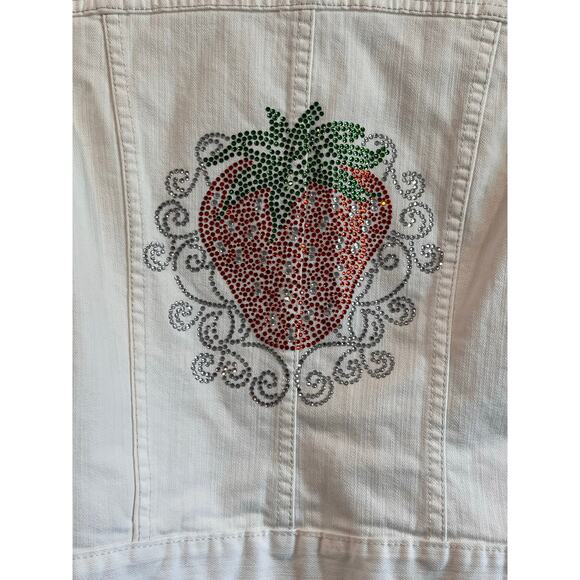 Aeropostale White Denim Jacket Med Rhinestone Strawberry Embellished Y2K Style - Picture 10 of 16